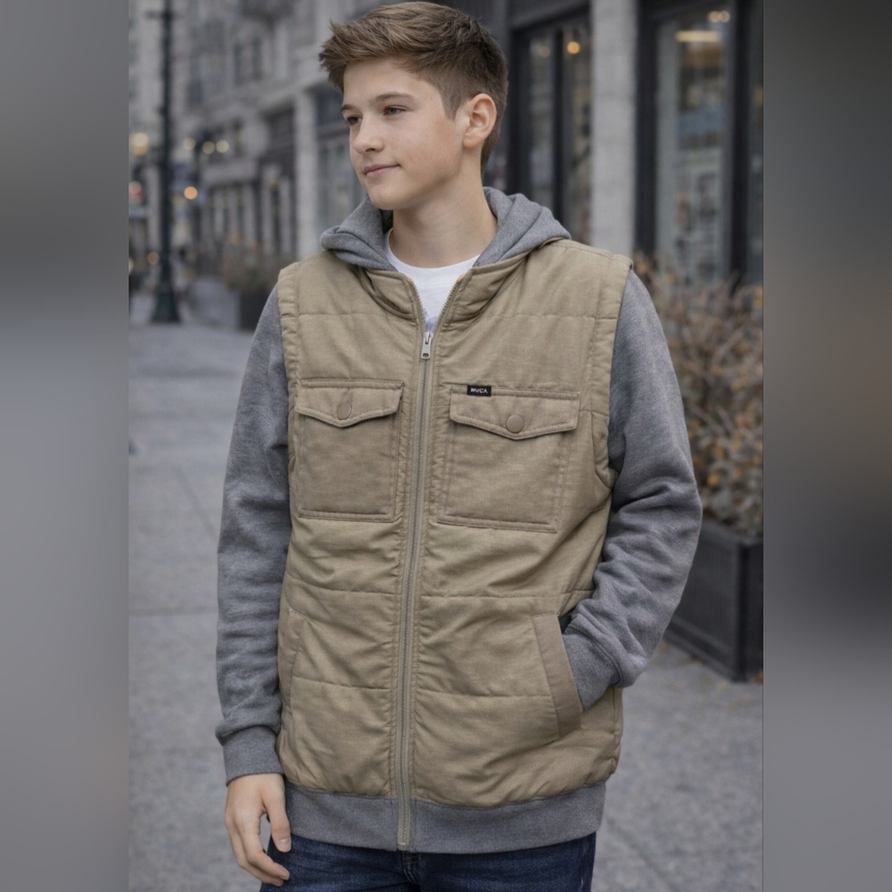RVCA Boys XL Puffer Jacket Hooded Zip Up Tan Gray Hybrid Coat Streetwear